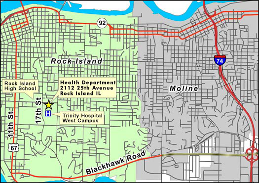 Graphic of a map showing the Health Department's location in Rock Island, near the Trinity Hospital West Campus and Rock Island High School